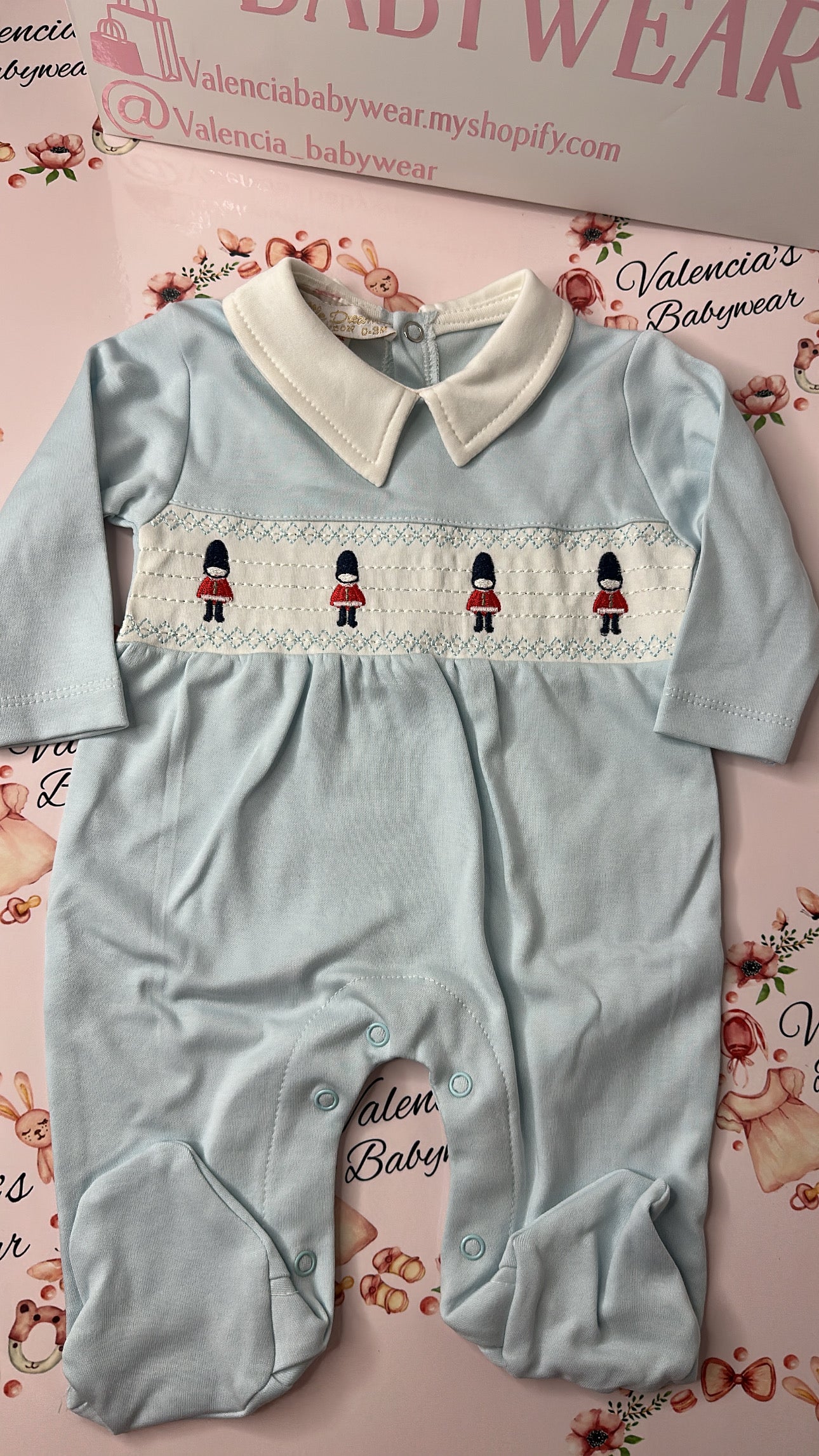 Baby Blue Soldier Smocked Babygrow