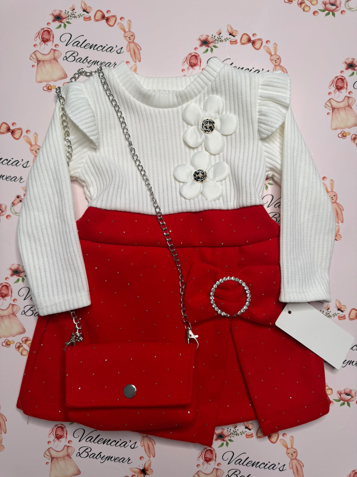 Girls Festive Bow & Flower Dress with Matching Bag