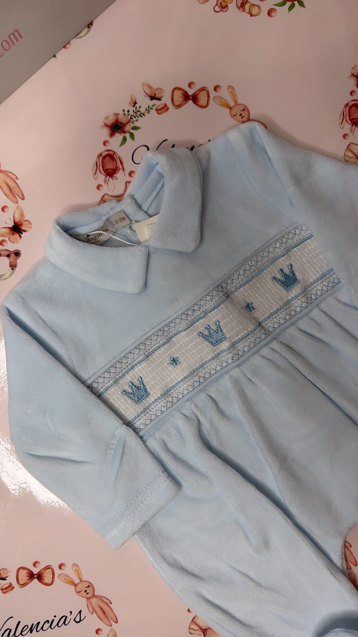Sky Velour Crown Babygrow
