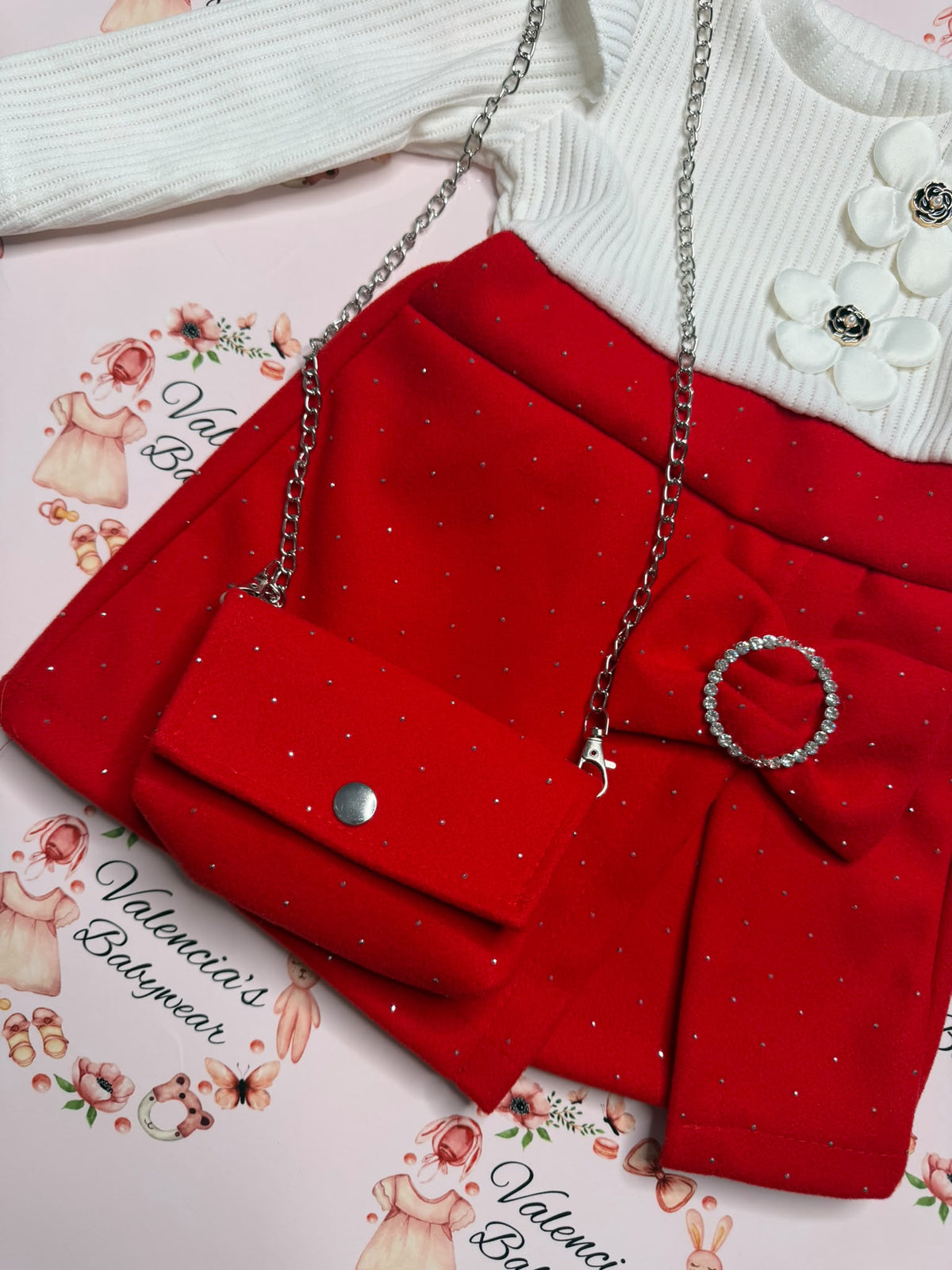 Girls Festive Bow & Flower Dress with Matching Bag