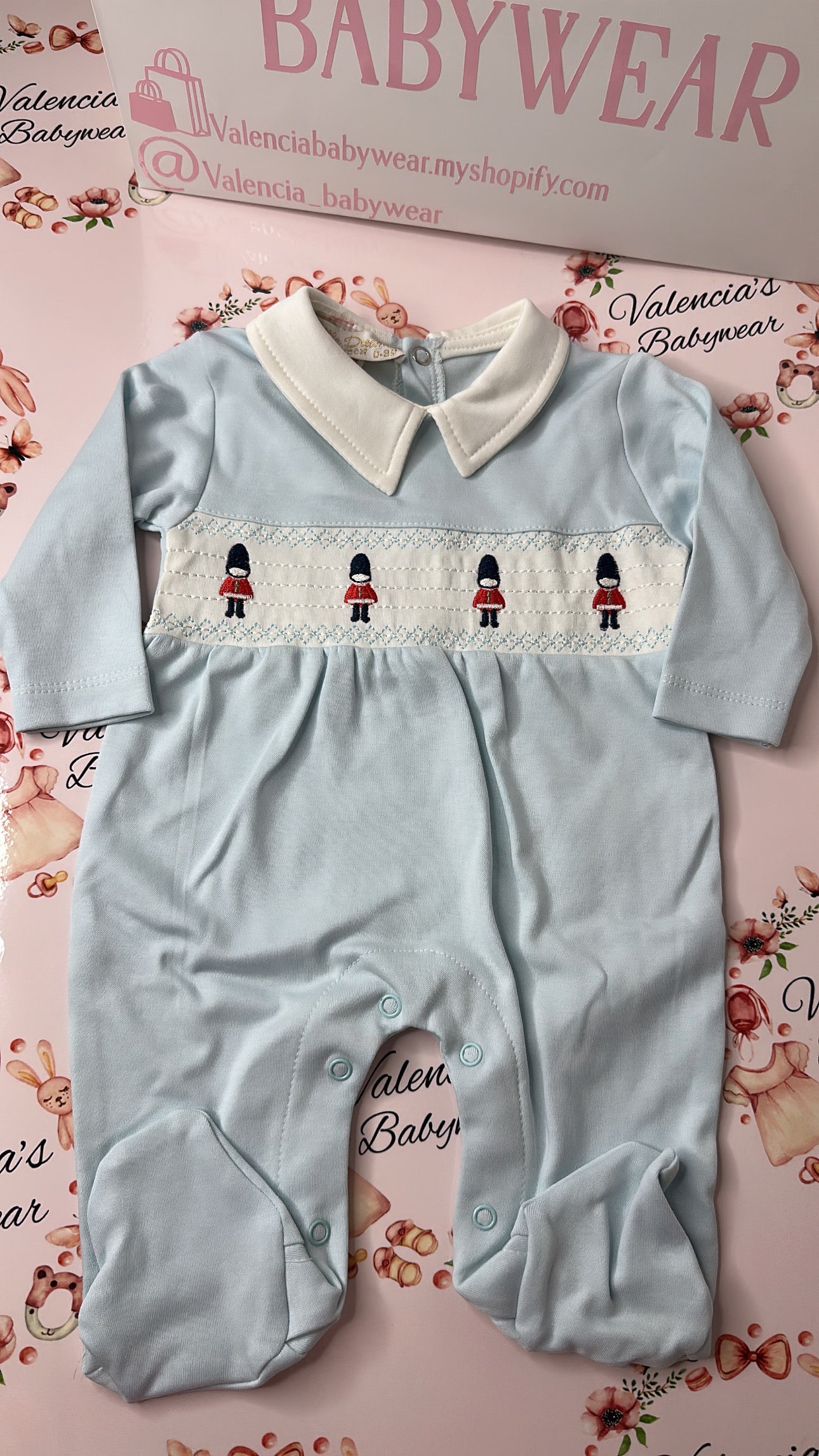 Baby Blue Soldier Smocked Babygrow