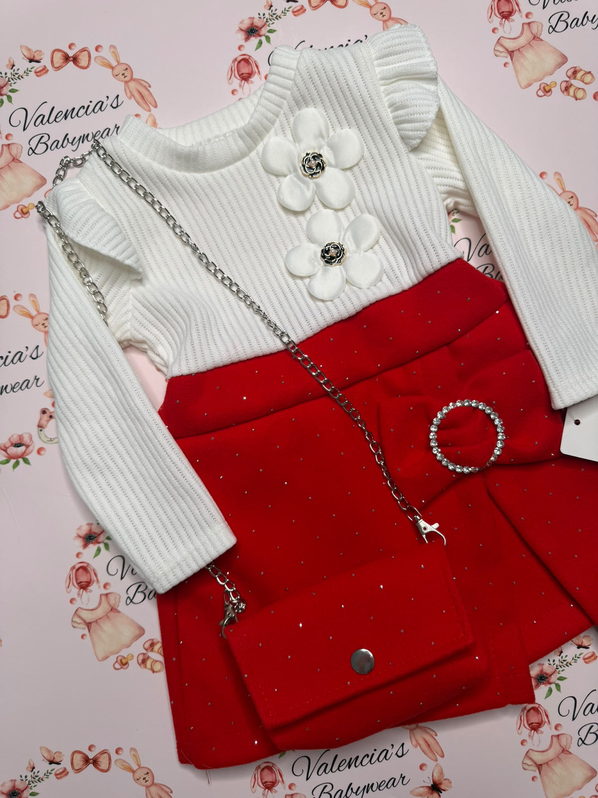 Girls Festive Bow & Flower Dress with Matching Bag