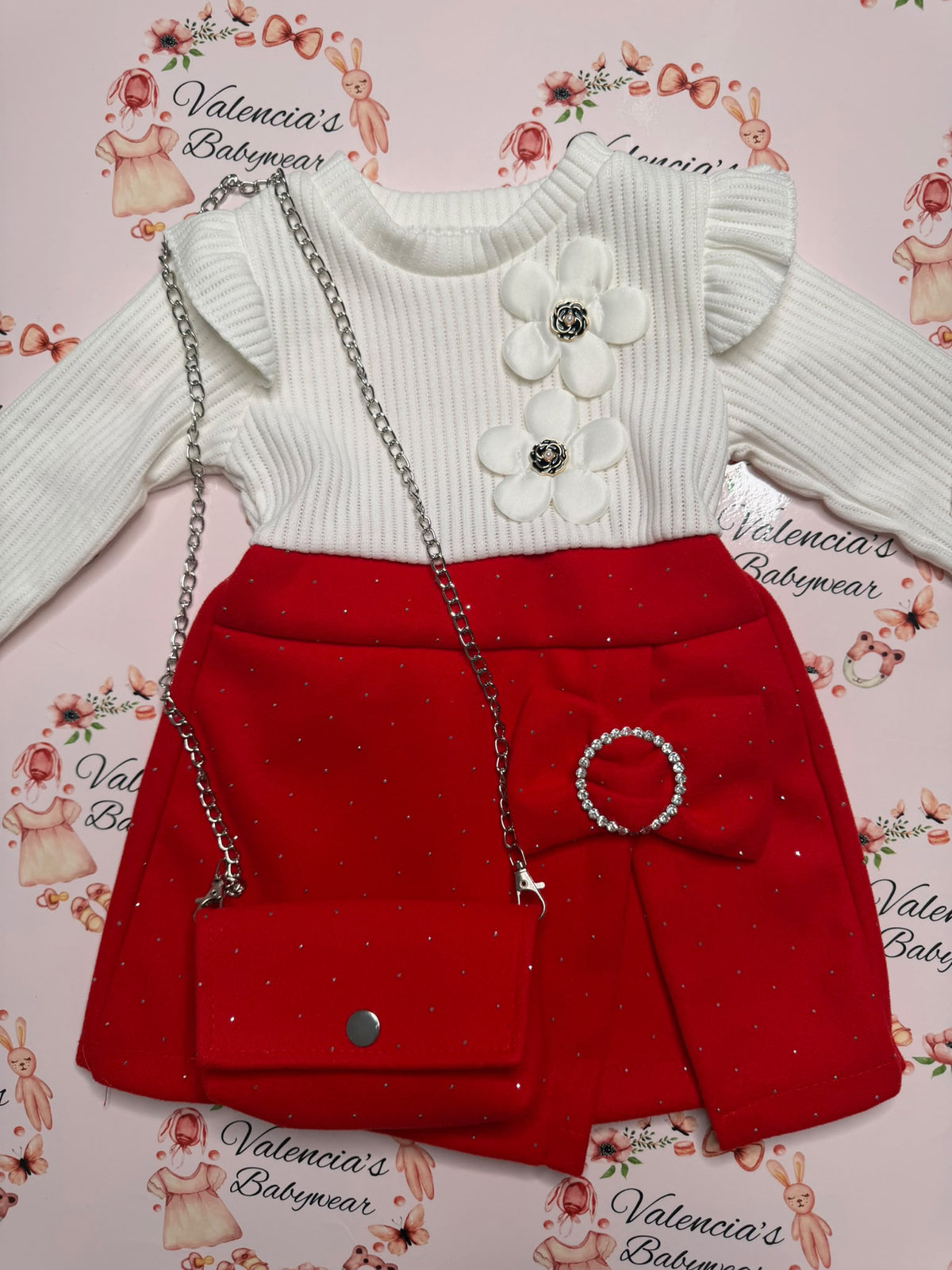Girls Festive Bow & Flower Dress with Matching Bag