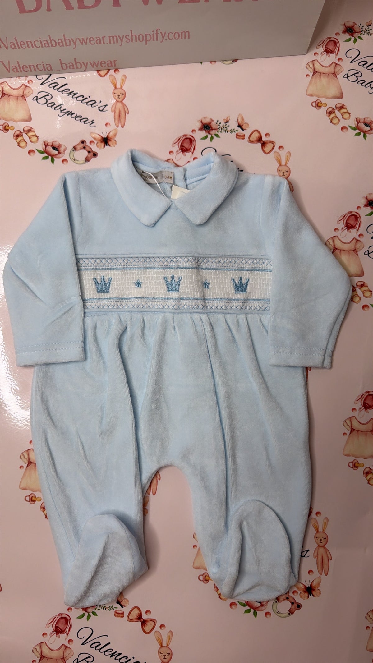 Sky Velour Crown Babygrow