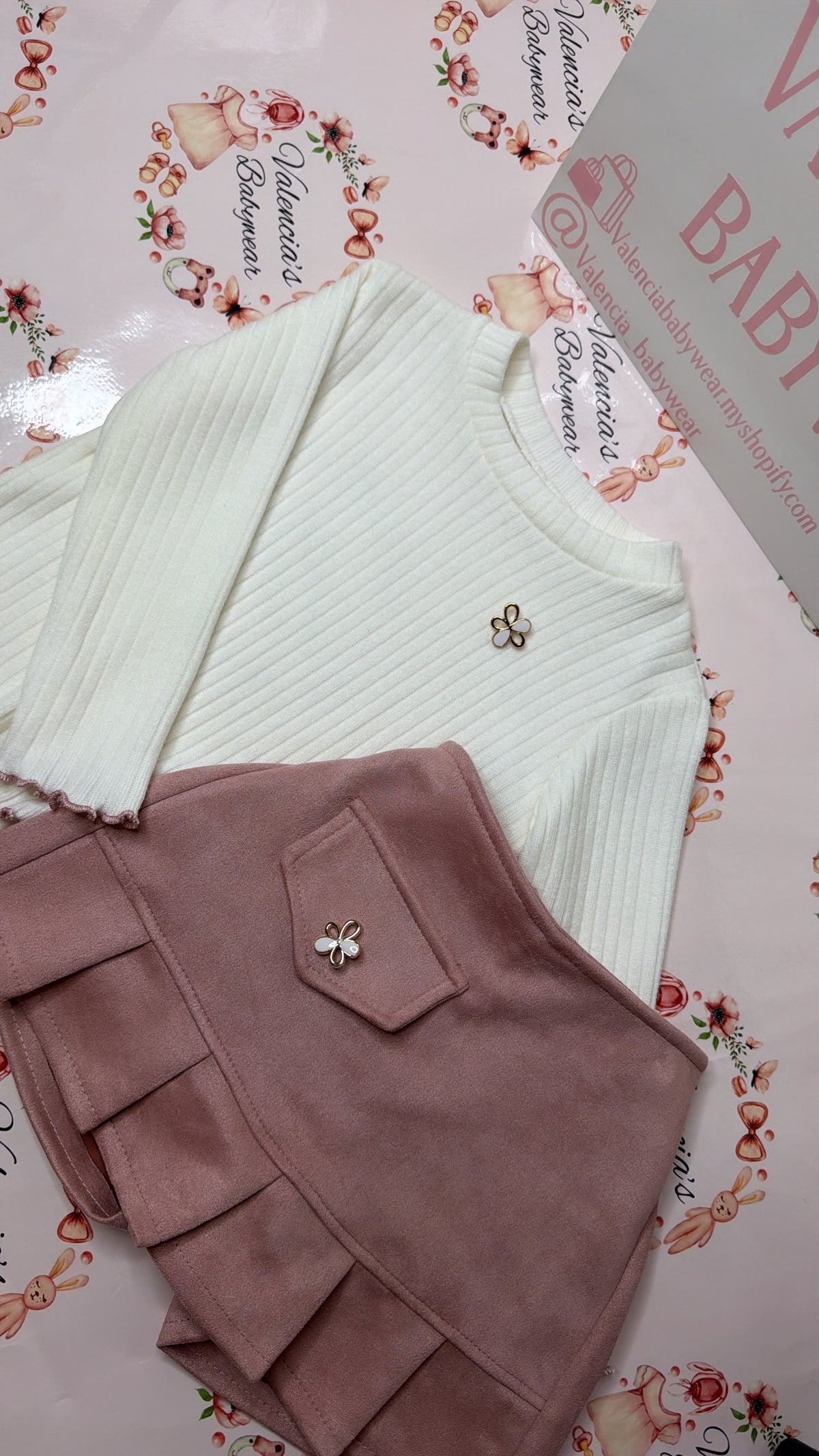 Ribbed top & Suede skort set