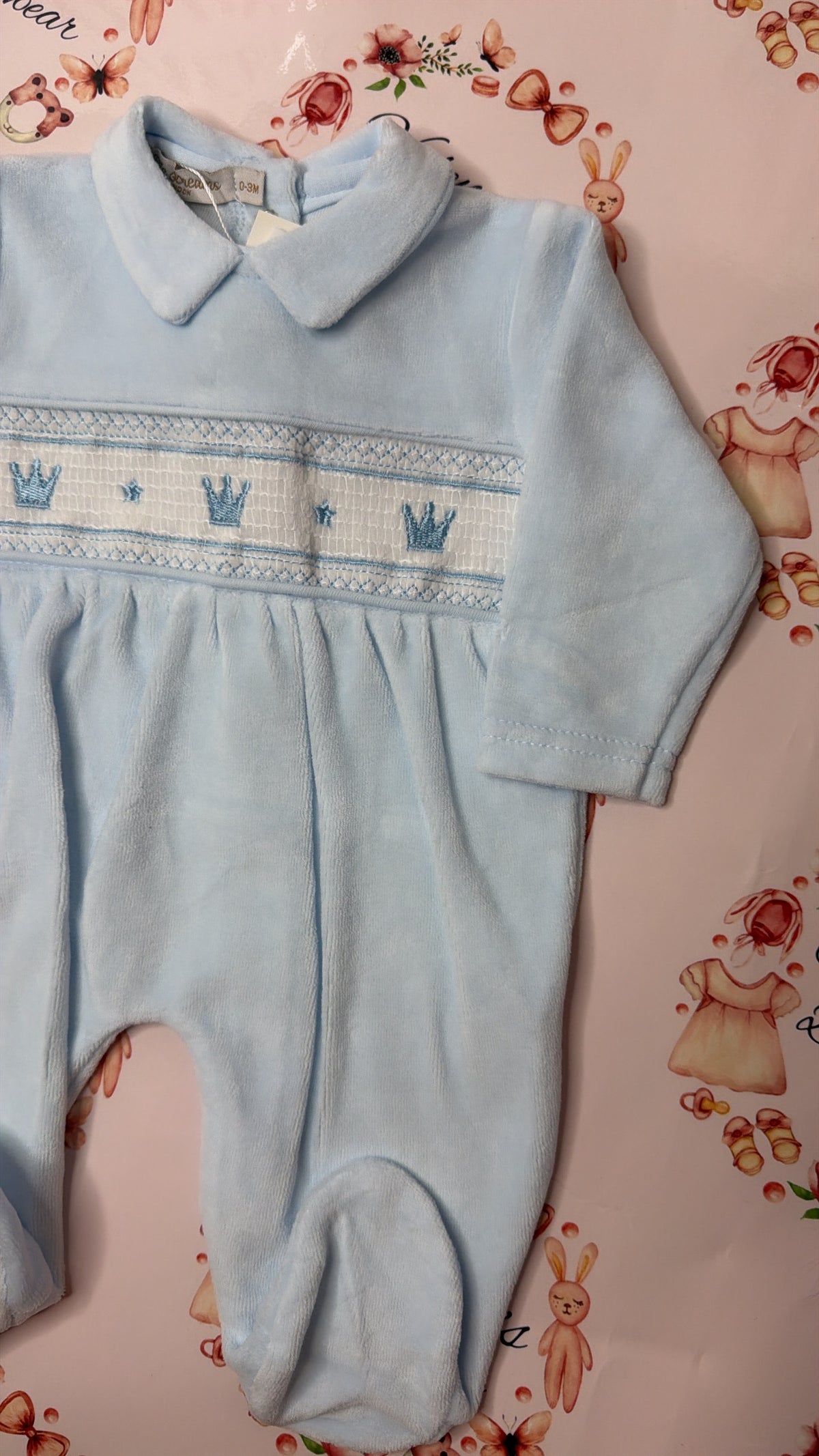 Sky Velour Crown Babygrow