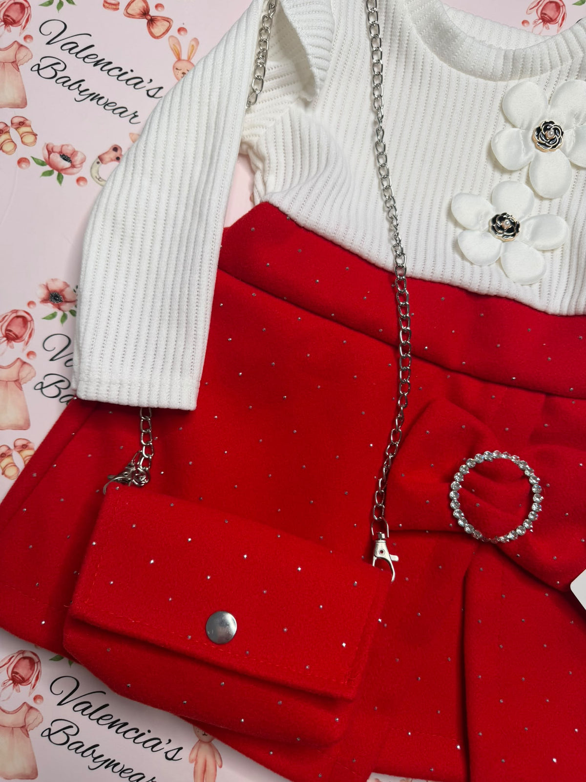 Girls Festive Bow & Flower Dress with Matching Bag